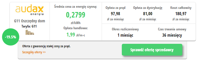 Audax Oszczędny dom - wynik z porównywarki cen prądu