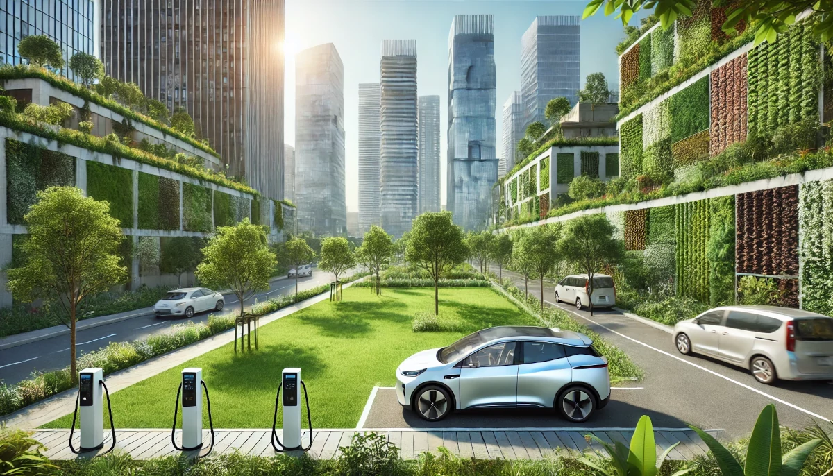 samochód elektryczny w zielonym mieście